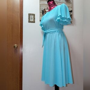 Chic Aqua Blue Midi Dress with Ruffle Sleeves